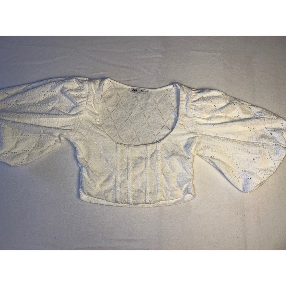 Zara White Eyelet Knit Puff Sleeve Crop Top Corset Bodice Small